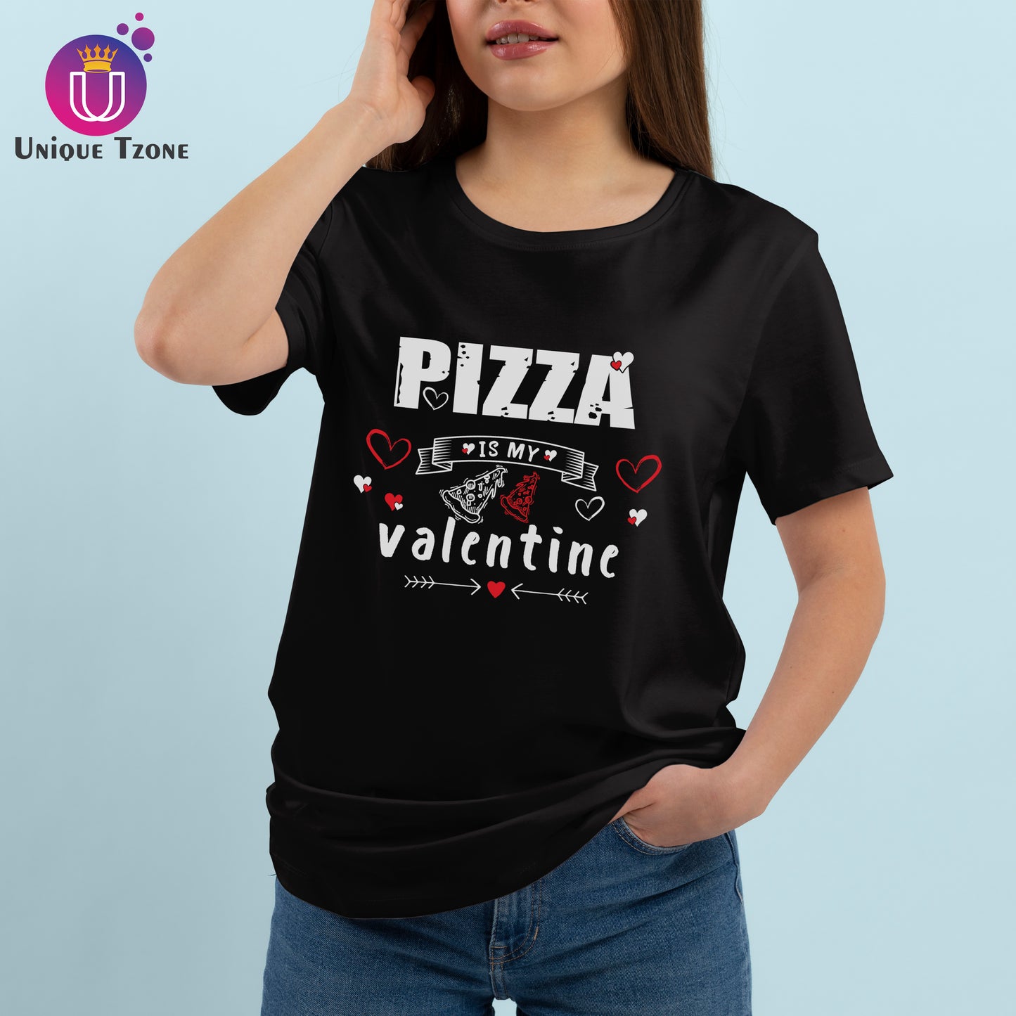 Pizza Is My Valentine Foodie Round Neck Half Sleeve Cotton T-shirt
