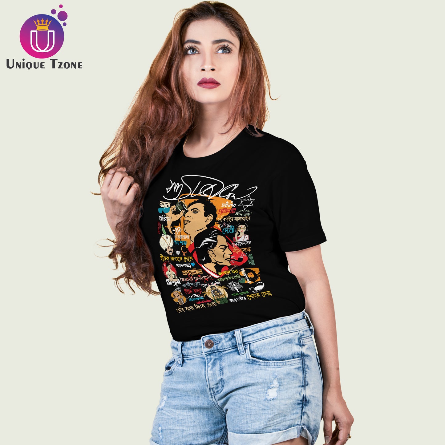 Our Beloved Satyajit Ray Round Neck Half Sleeve Unisex Black Cotton Tshirt
