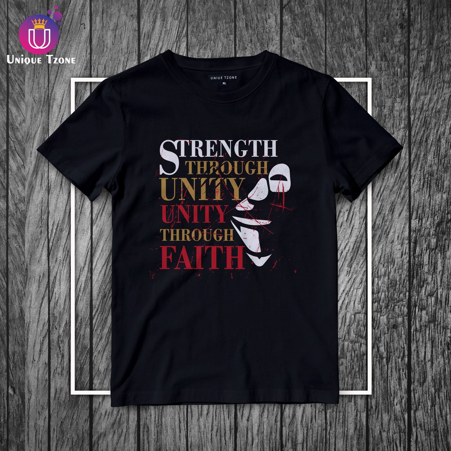 Strength Through Unity Through Faith Black Round Neck Half Sleeve Cotton T-shirt