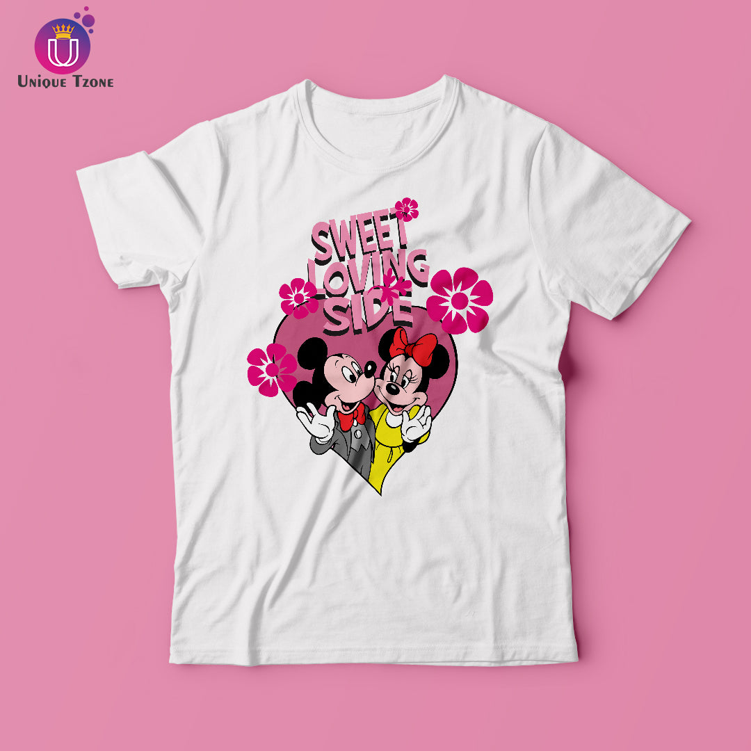 Sweet Loving Side Women Round Neck Half Sleeve White Pure Cotton T-shirt