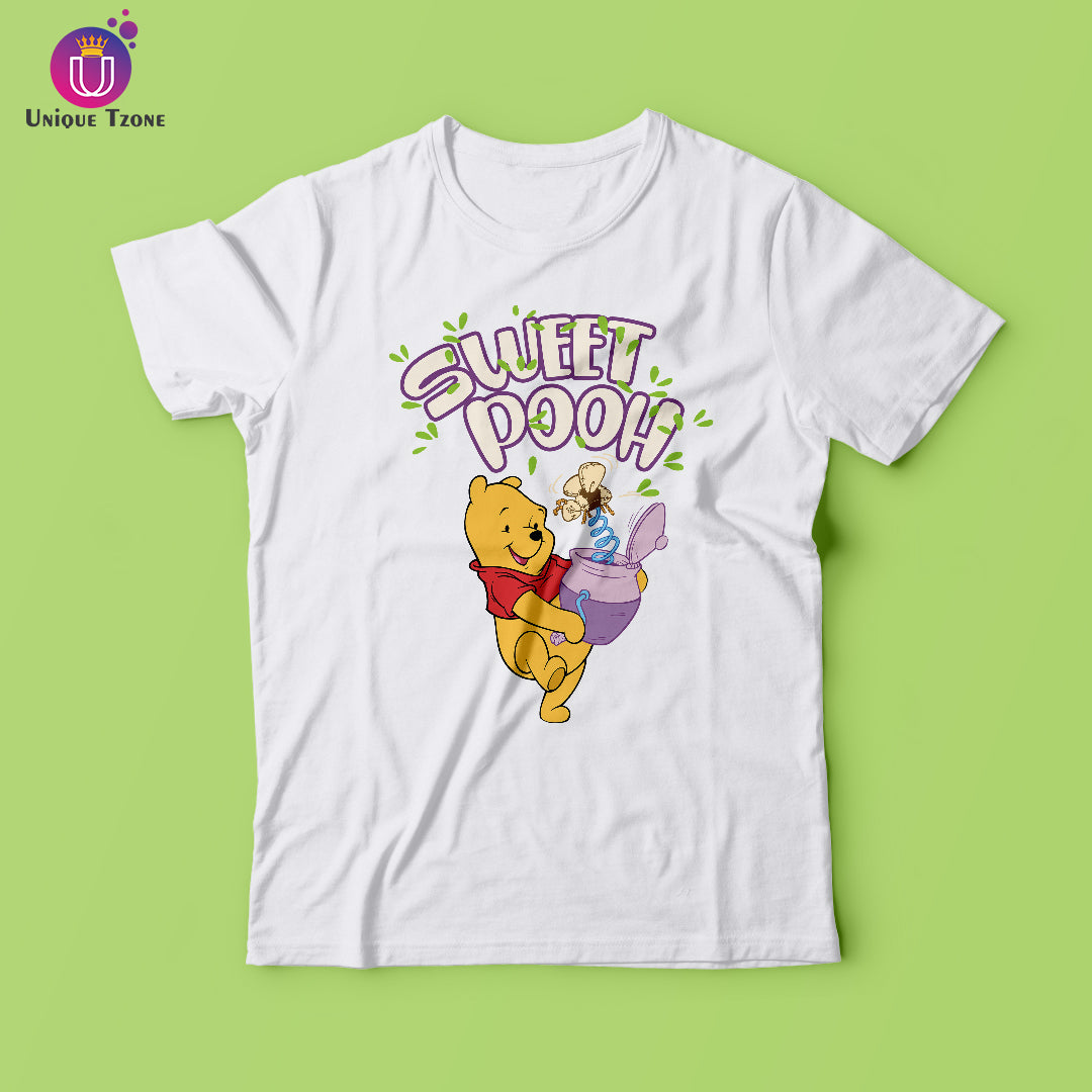 Sweet Pooh Round Neck Half Sleeve Cotton T-shirt