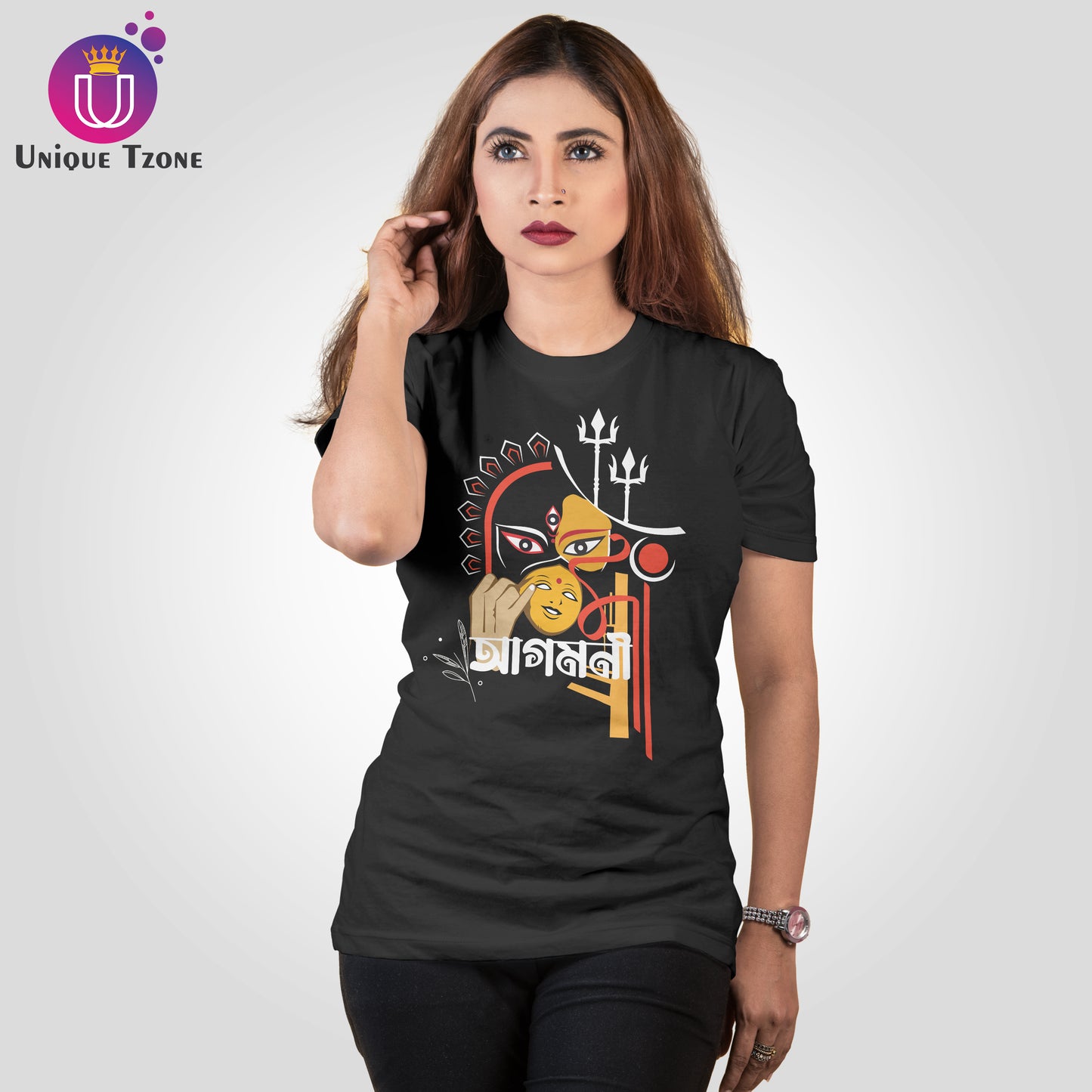 Agomoni Maa Bengali Round Neck Half Sleeve Cotton Tshirt