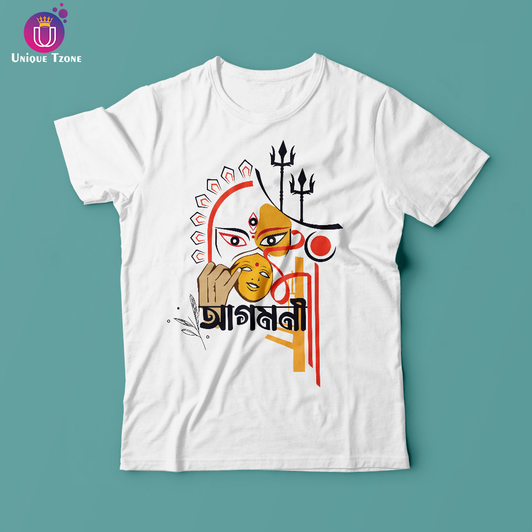 Agomoni Maa Bengali Round Neck Half Sleeve Cotton Tshirt