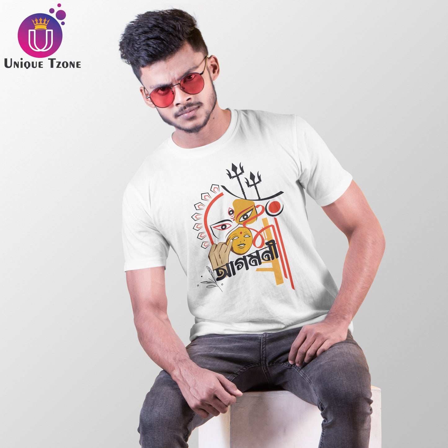 Agomoni Maa Bengali Round Neck Half Sleeve Cotton Tshirt