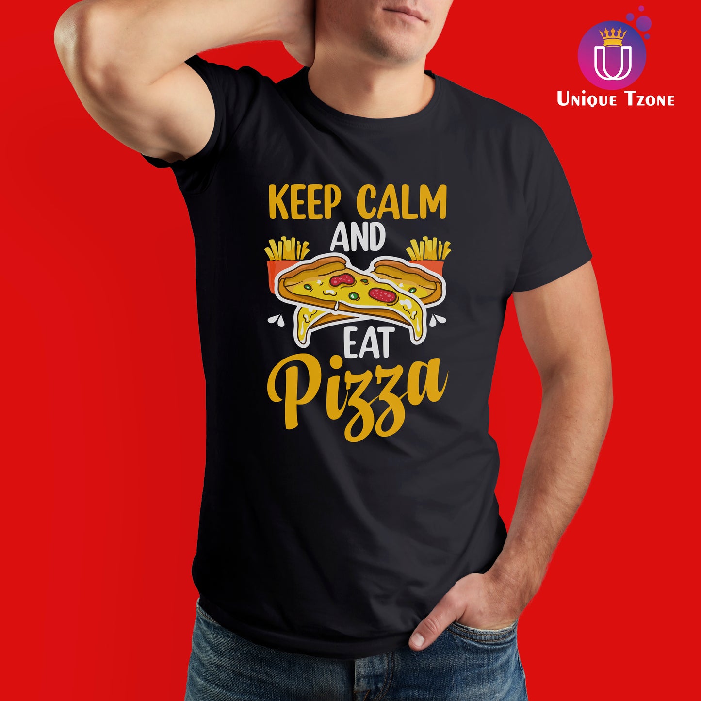 Keep Clam and Eat Pizza Black Round Neck Cotton T-shirt