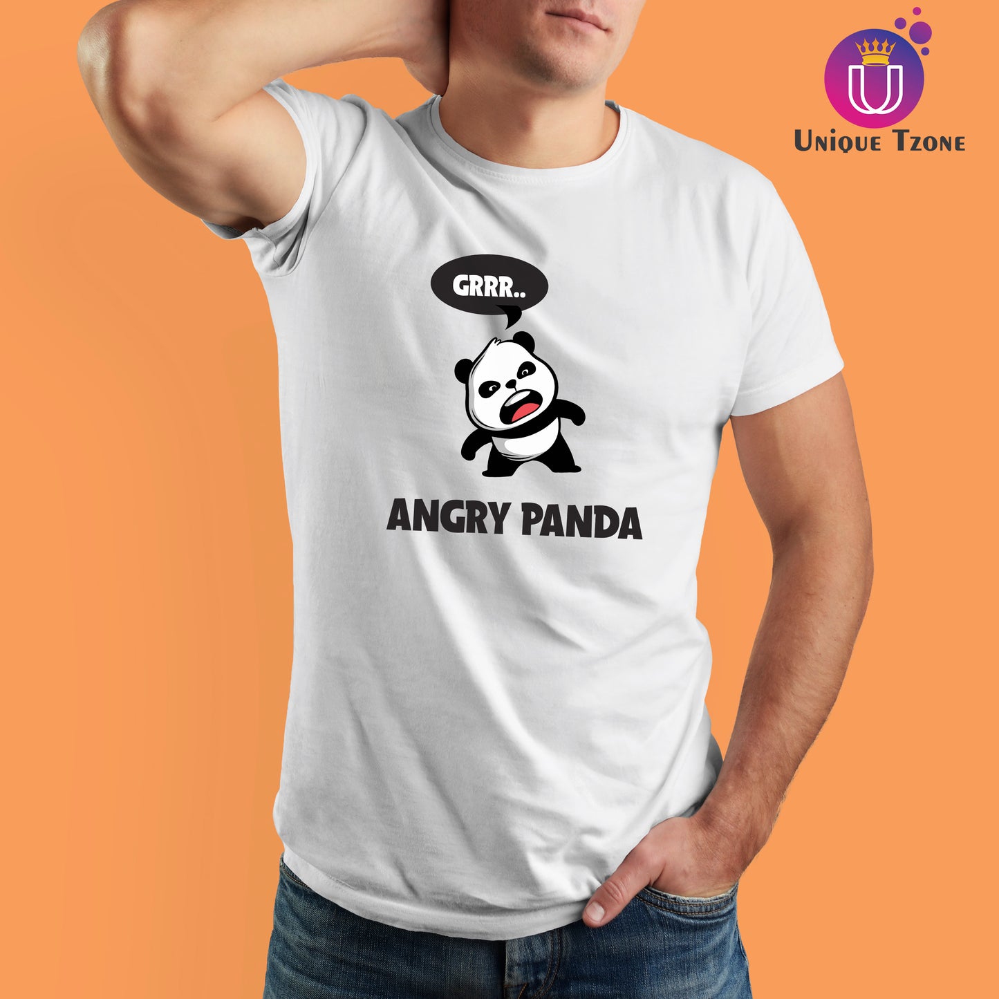 Angry Panda White Cotton Half Sleeve Cotton T-shirt