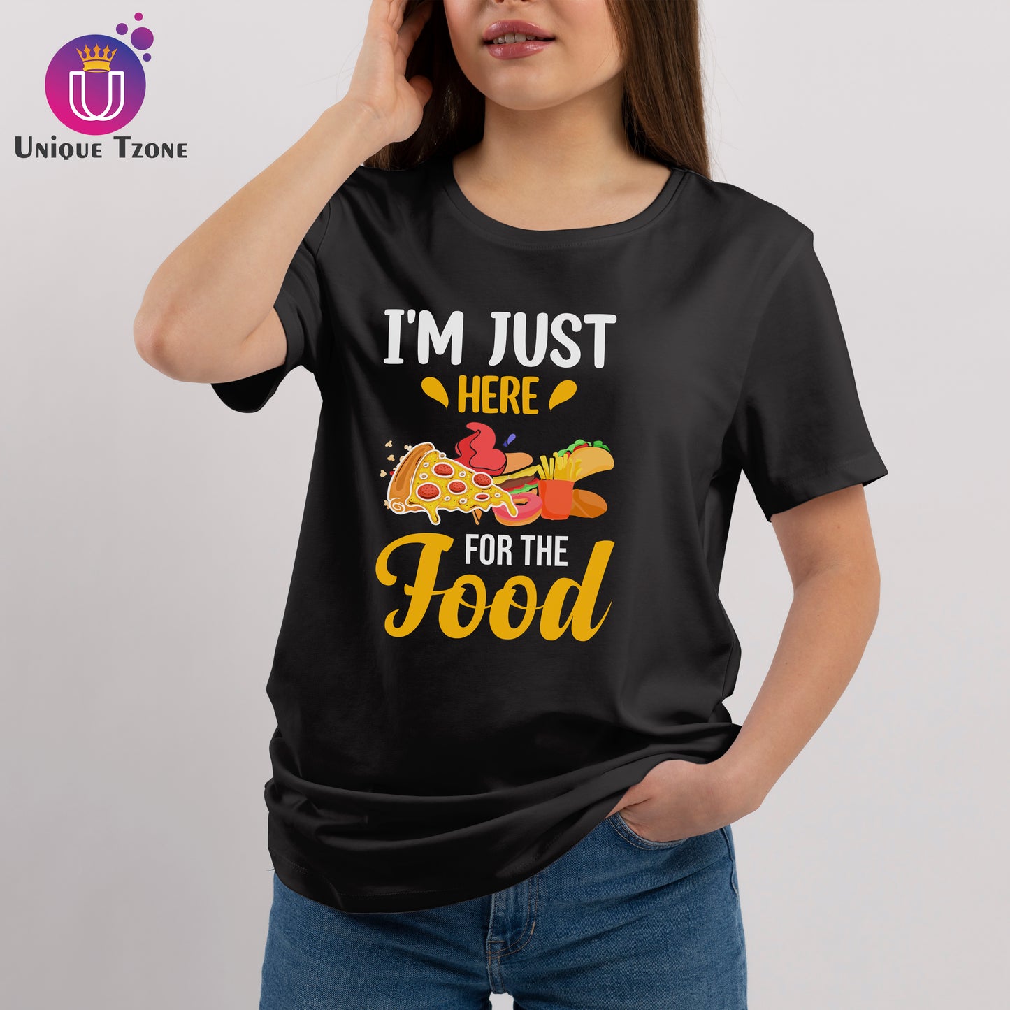 I Am Here Just For Food Premium Black Half Sleeve Round Neck Cotton T-shirt