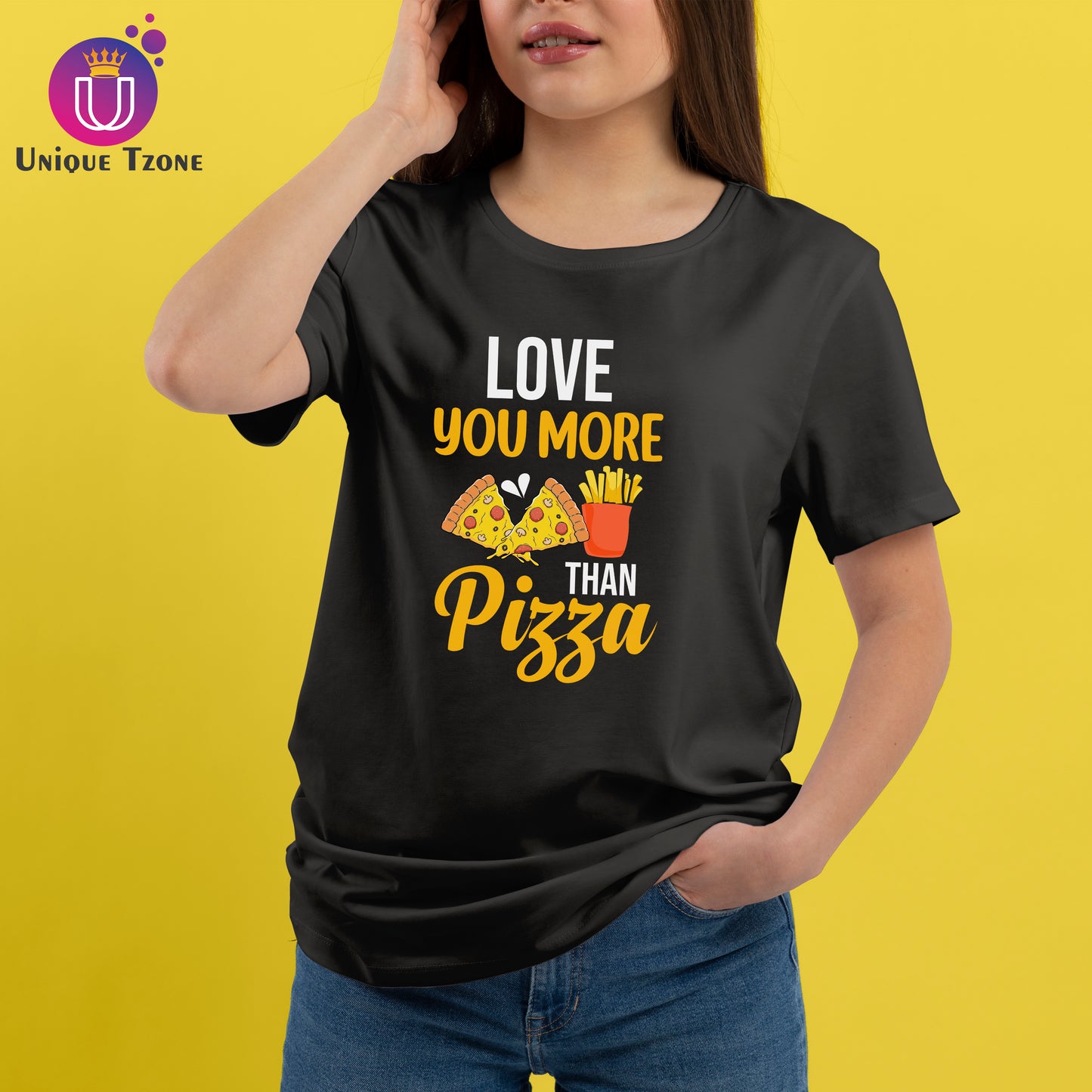 Love You More Than Pizza Black Round Neck Cotton Half Sleeve T-shirt