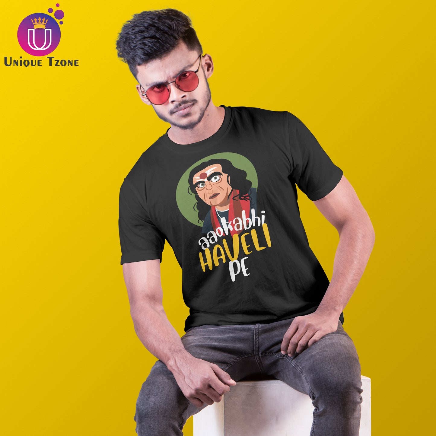 Aao Kabhi Haveli Pe Hindi Typography Round Neck Half Sleeve Cotton Tshirt