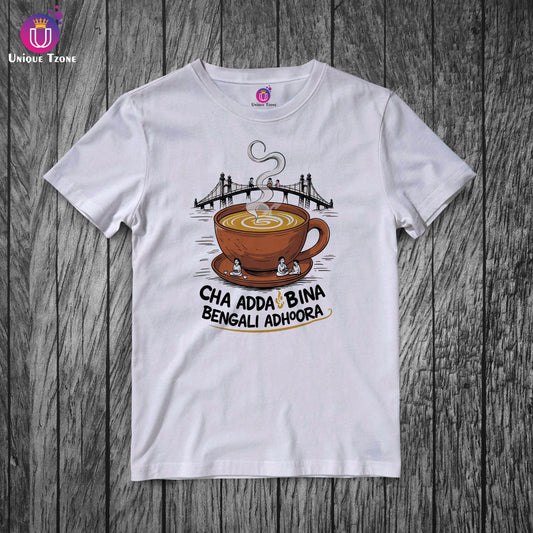 Chaa Lover Kolkata Bengali Style Premium White Unisex Half Sleeve Cotton Tshirt