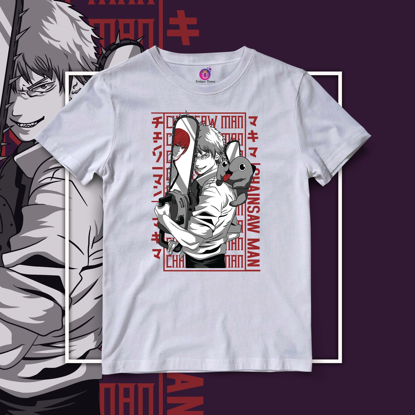 Denji Black And White Chainsaw Man Half Sleeve Unisex Anime Tshirt