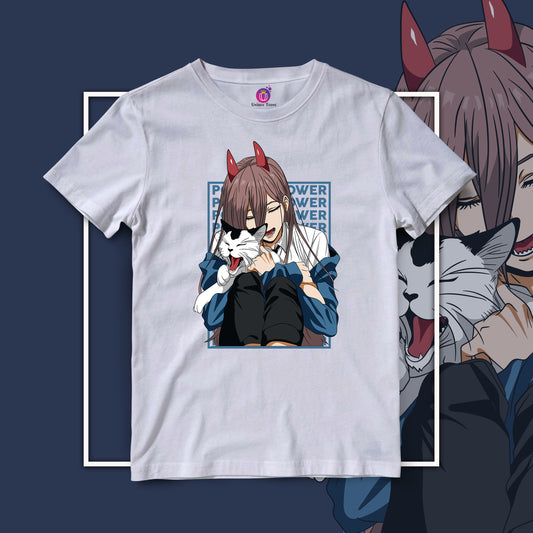 Power With Cat Chainsaw Man Half Sleeve Unisex Anime Tshirt