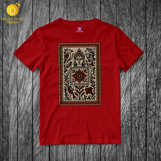 Devi Motif Madhubani Pattachitra Folk Art Half Sleeve Round Neck Unisex Pure Cotton Tshirt