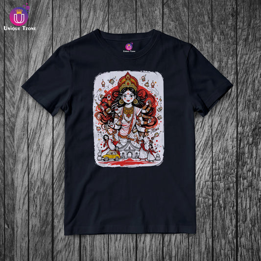 Maa Durga Kolkata Style Doodle Pen Pencil Artwork Style Half Sleeve Round Neck Unisex Cotton Tshirt