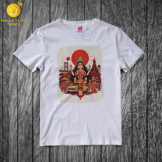 Durga Puja Vibes On Round Neck Half Sleeve Unisex Cotton Tshirt