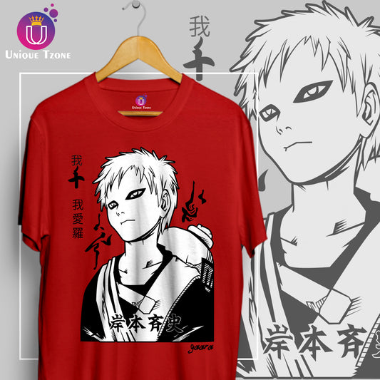 Gaara Anime Graphics Round Neck Half Sleeve Unisex Cotton Tshirt