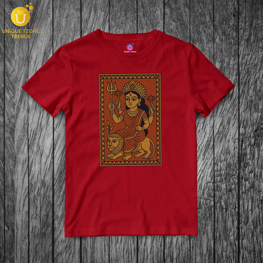 Indian Folk Art Style Durga Maa Durgati Nashini Half Sleeve Round Neck Unisex Cotton Tshirt