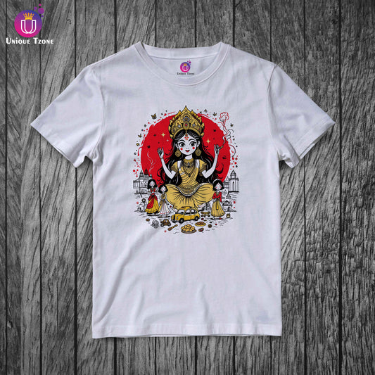 Doodle Style Kolkata Durga Puja Half Sleeve Unisex Cotton Tshirt