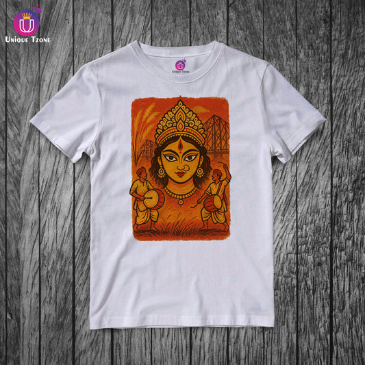 Maa Durga Hand Print Style Half Sleeve Round Neck Unisex Cotton Tshirt