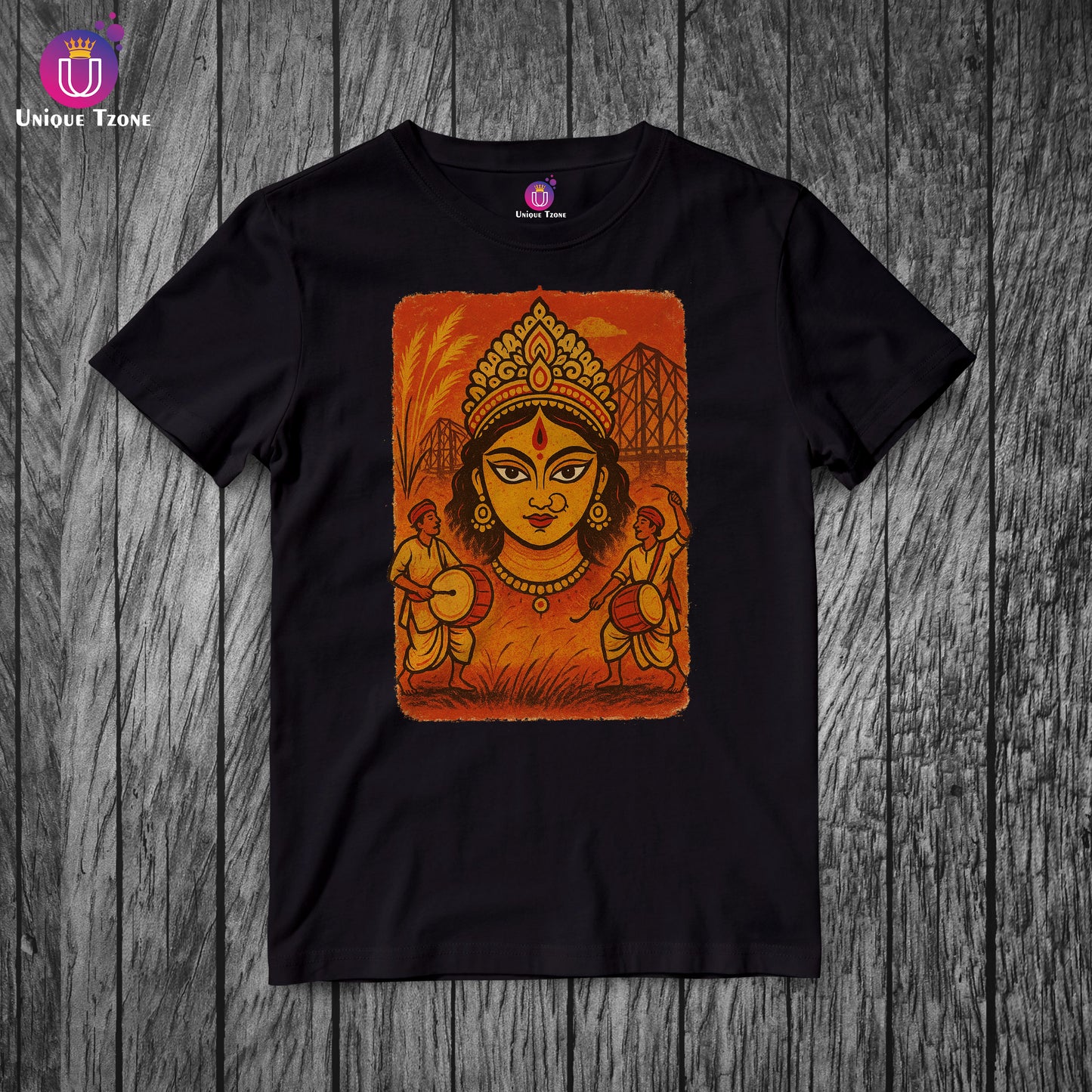 Maa Durga Hand Print Style Half Sleeve Round Neck Unisex Cotton Tshirt