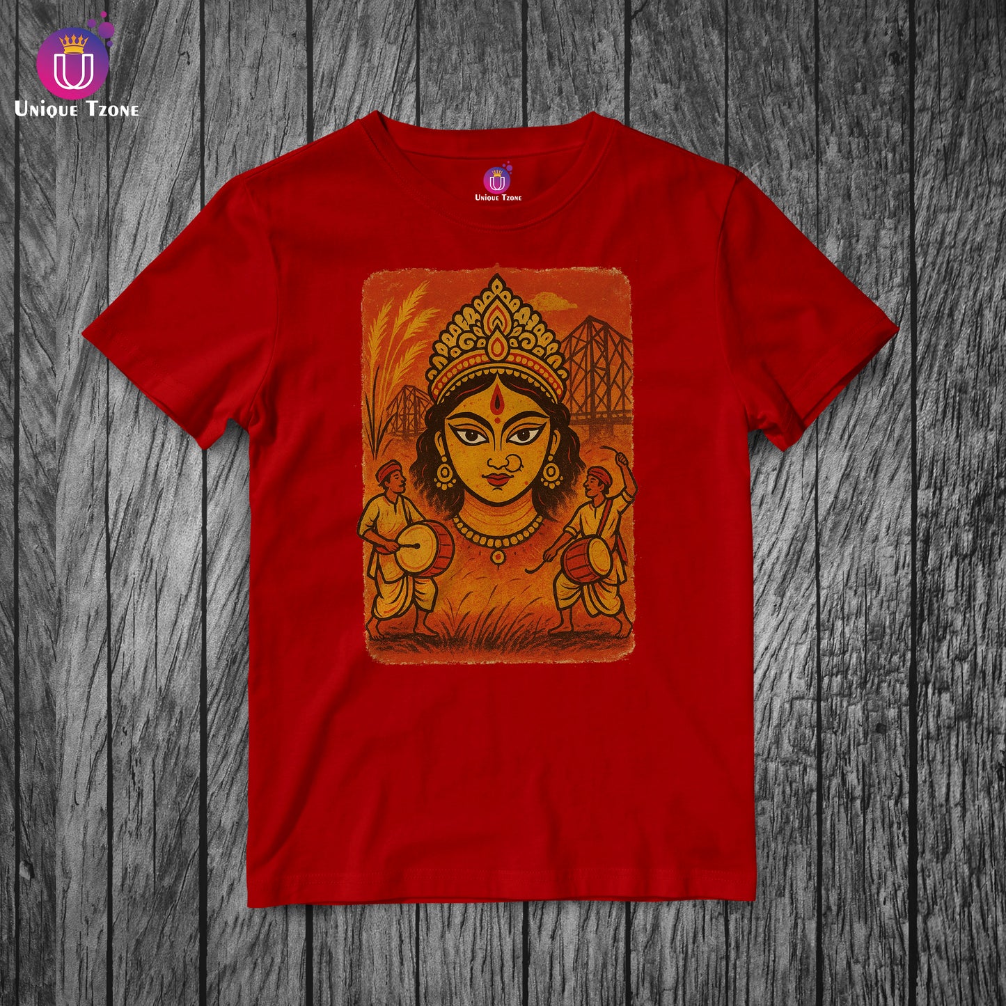 Maa Durga Hand Print Style Half Sleeve Round Neck Unisex Cotton Tshirt