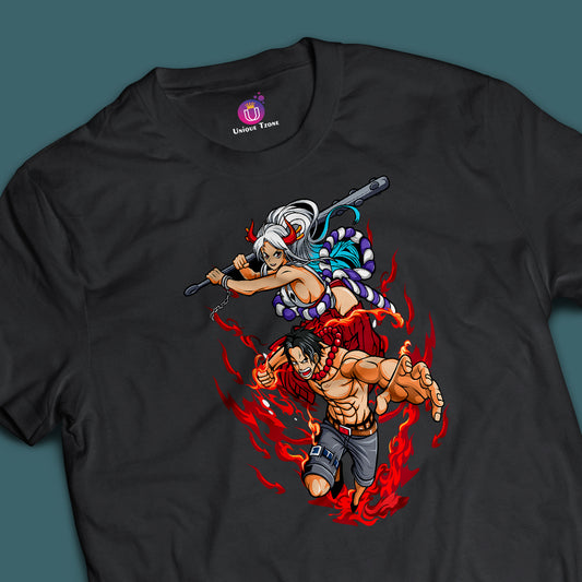 Yamato And Portgas One Piece Anime Graphics Round Neck Half Sleeve Unisex Cotton Tshirt