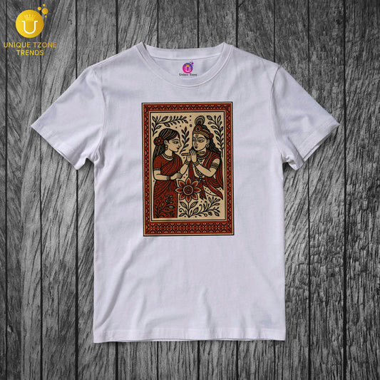 Radha Krishna Pattachitra Madhubani Folk Art Style Half Sleeve Round Neck Unisex Cotton Tshirt