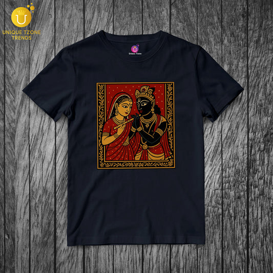 Traditional Radha Krishna Folk Art Spiritual Couple Printed Round Neck Half Sleeve Unisex Pure Cotton Tshirt