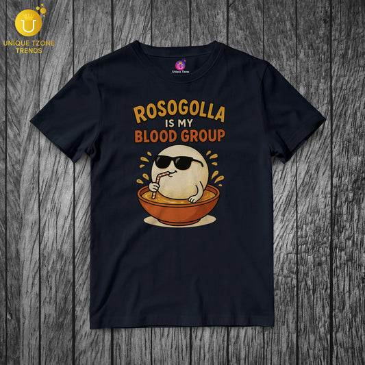 Rosogolla Is My Blood Group Bengali Graphics Half Sleeve Round Neck Unisex Cotton Tshirt