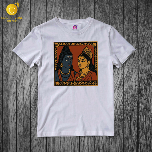 Indian Folk Art Style Shiva Parvati Half Sleeve Round Neck Pure Cotton Unisex Tshirt