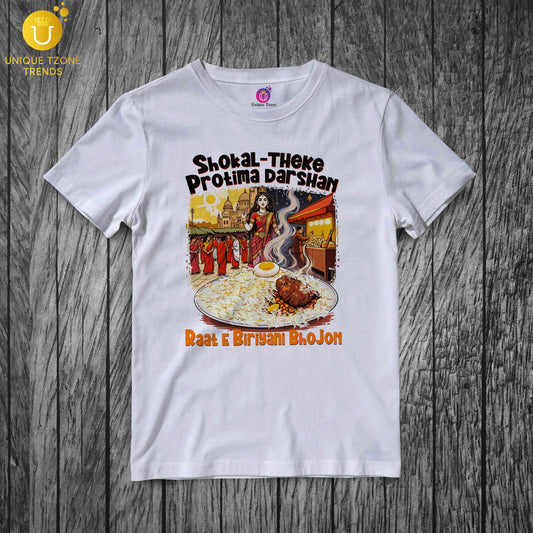 English Text Shokal Theke Protima Dorshon Raate Biriyani Bhojon Round Neck Half Sleeve Unisex Pure Cotton Tshirt