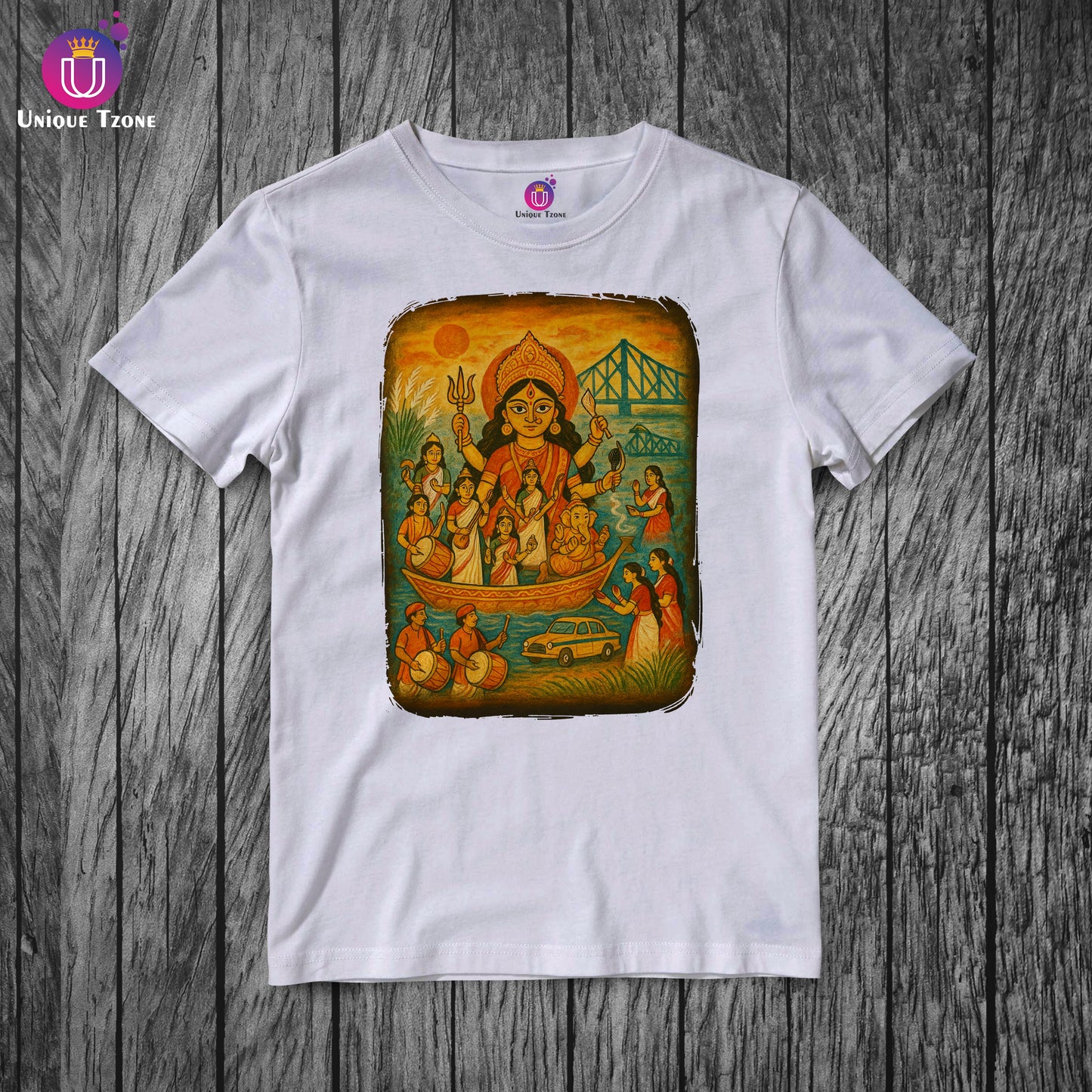 Jai Maa Durga Bengali Hand Print Style Round Neck Pure Cotton Half Sleeve Unisex Tshirt