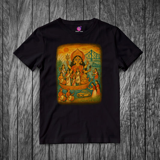 Jai Maa Durga Bengali Hand Print Style Round Neck Pure Cotton Half Sleeve Unisex Tshirt