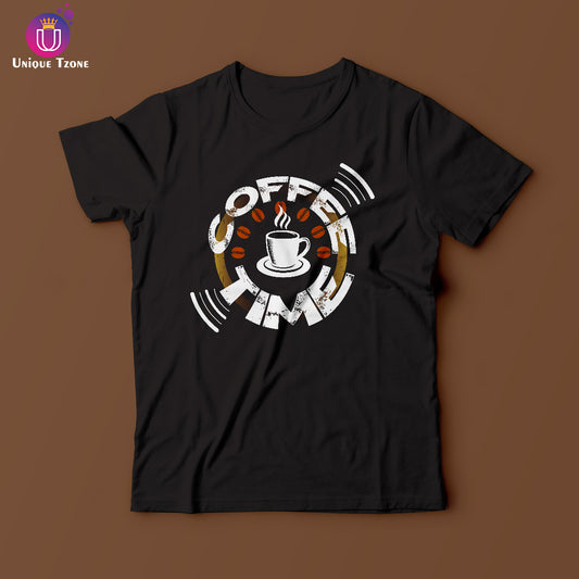 Coffee Time Black Round Neck Half Sleeve Cotton T-shirt