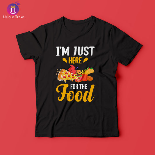 I Am Here Just For Food Premium Black Half Sleeve Round Neck Cotton T-shirt