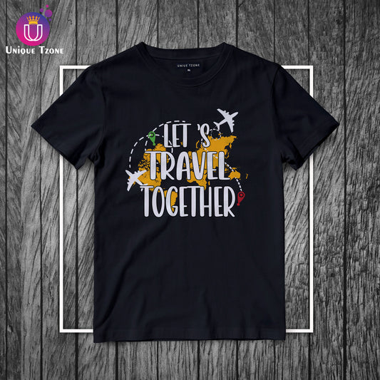 Let's Travel Together Black Round Neck Cotton T-shirt