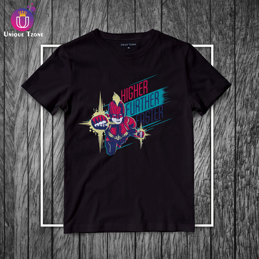 Higher Further Faster Captain Marvel Round Neck Half Sleeve Marvel's Cotton T-shirt