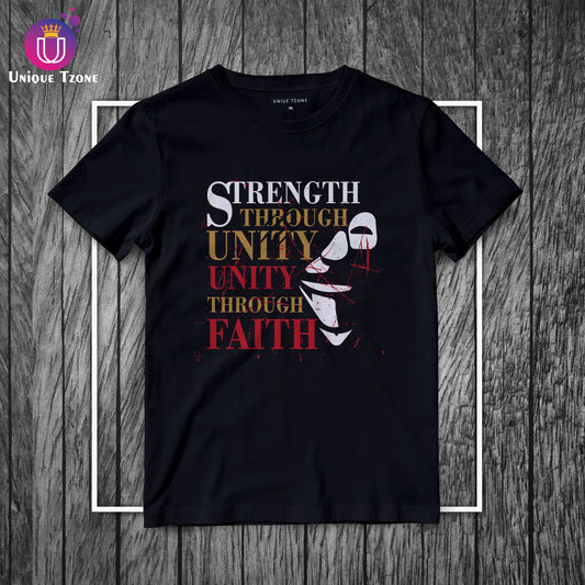 Strength Through Unity Through Faith Black Round Neck Half Sleeve Cotton T-shirt