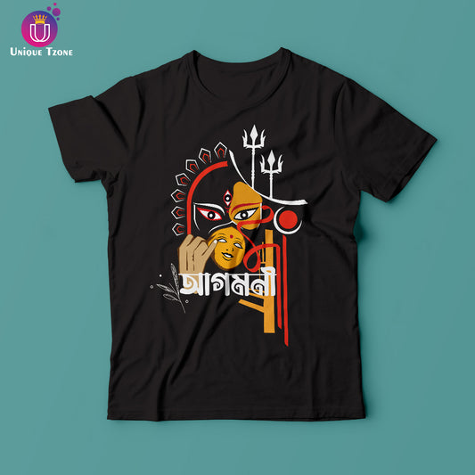 Agomoni Maa Bengali Round Neck Half Sleeve Cotton Tshirt