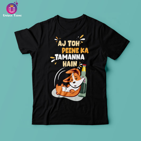 Aj Toh Peene Ka Tamanna Hain Black Half Sleeve Round Neck Cotton T-shirt